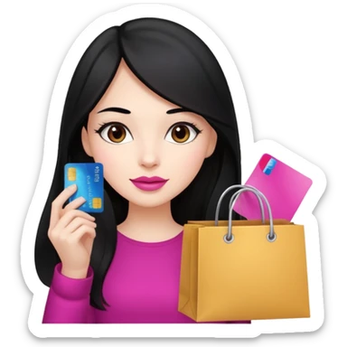 Girl with long black hair and pink lipstick, brown eyes holding shopping bags and credit card sticker