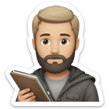 Bearded man  drawing boy character with charcoal in sketchbook sticker