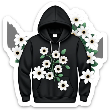 The BLACK Hoodie features a black base with distinctive white and black  open flower spots with empty space in the middle, These hollow ring-like patterns are scattered across. BLACK AND WHITE FLOWERS SPACED OUT FLOWERS, AND ONLY A FEW FLOWERS AND NO DOTS sticker