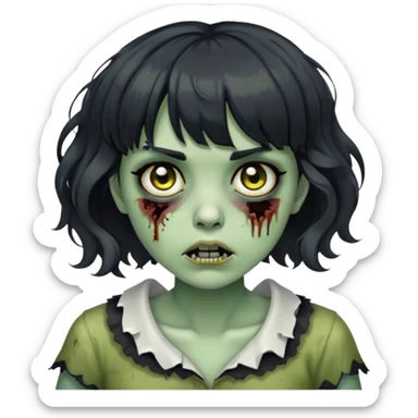 zombie girl with short wavy hair and black bangs, greenish skin sticker