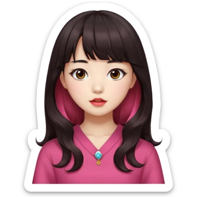 Korean girl, red top, black brown hair, brown eyes, long wavy hair, aesthetic, long hair, hime cut, blunt bangs, pink lip sticker