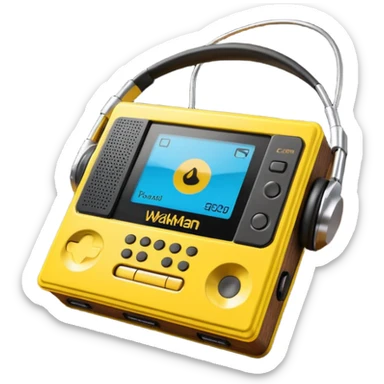 3D render of Walkman, vintage 1980s audio equipment aesthetic, tactile analog buttons, bright sports yellow plastic case with black foam headphones, mixed wood grain and brushed aluminum textures, Apple emoji style, isolated on white background --v 6.0 sticker