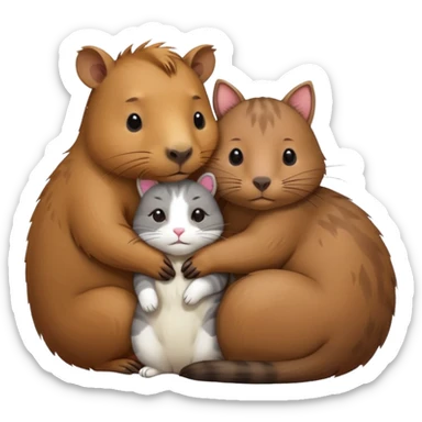 capybara and a cat cudding with each other sticker