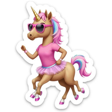 friendly anthropomorphised female unicorn with horse-like face, in tutu and pink t-shirt, wearing dark sunglasses, jogging upright in standard pose sticker