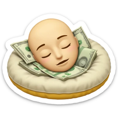 a round yellow IOS style emoji of a face sleeping on a pillow of money sticker
