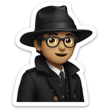 A boy with a wide-brimmed black hat, optical glasses, a black coat, pale skin, brown eyes, and a long muzzle. sticker