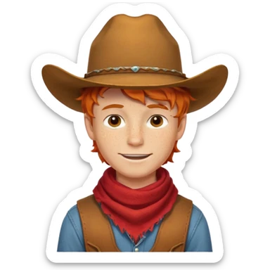 a wavy orange hair boy wearing a cowboy hat with a mischievous grin and freckles with western red scarf on his neck sticker