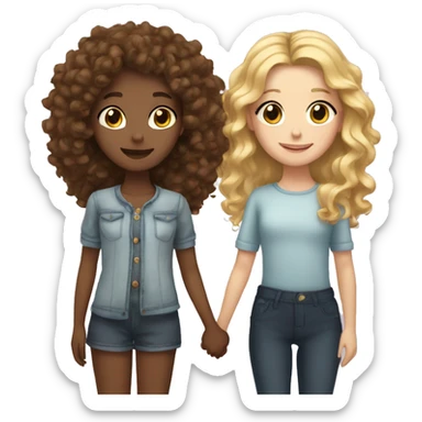 Girl with curly brown hair and lashes and a blonde girl with long hair holding hands  sticker