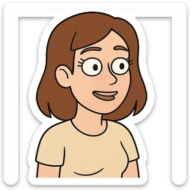 white girl with brown hair, light brown eyes, medium eyelashes, brown eyebrows, medium lips, medium nose in flat toon style sticker