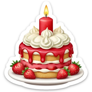 Strawberry shortcake with cream and small strawberry on top with one red candle sticker