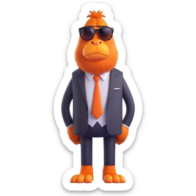 large furry cartoon creature with big orange nose, wearing sunglasses and black tie, standing upright, looking slightly to the left, grumpy expression, centered full body, plain blue background, 3D rendering style, smooth textures, bright lighting, humorous and playful mood sticker