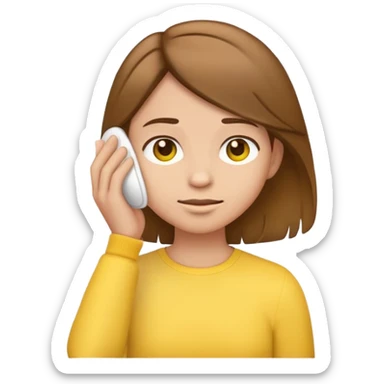 yellow emoji style character with brown hair tucking hair behind ear, neutral expression sticker