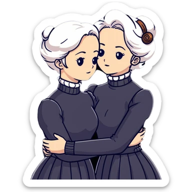 Two Victorian women with light eyes, one with bright white coiffed hair and one with dark copper coiffed hair, wearing Victorian turtleneck dresses, embracing each other in a sad, intimate hug sticker