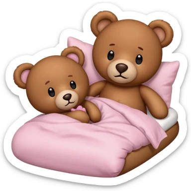Brown teddy bear laying with a light pink teddy bear in bed sticker