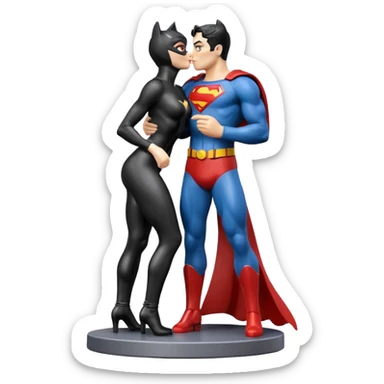 Isolated, ultra detailed illustration of the most incredibly realistic and sensual appearance, DC Hero Catwoman and superman kissing, 
figurine imaginable, in toy packaging, toy style. sticker