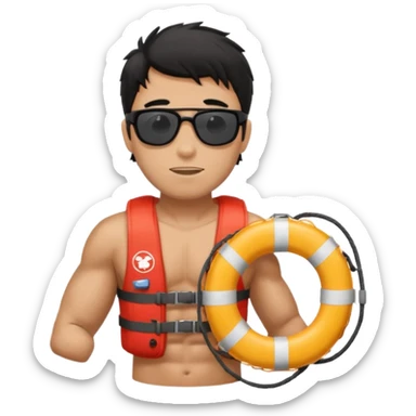 Dark Tan Muscular lifeguard with messy black hair with sunglasses, with life preserver sticker