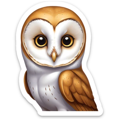 Cinematic Noble Barn Owl Portrait Emoji, Poised and regal, with a slender, graceful build and a striking mottled plumage of whites and browns, deep-set soulful amber eyes, Simplified yet sharp and sophisticated features, highly detailed, glowing with a soft, dignified glow, high shine, intelligent and mysterious, stylized with an air of nocturnal wisdom, focused and attentive, soft glowing outline, capturing the essence of a watchful and confident fowl, so majestic it feels as though it could silently glide out of the screen with effortless authority! sticker