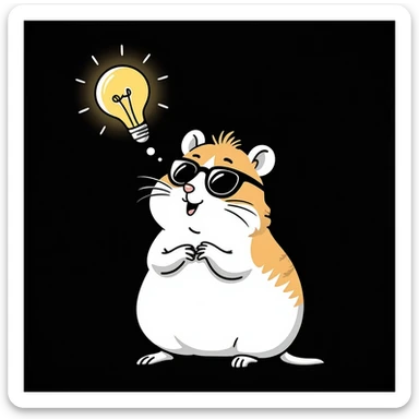 unique colorful hand-drawn modern semi-realistic hamster with cool glasses thinking about an idea with a lightbulb above its head on solid black background illustrated in Procreate on an iPad sticker