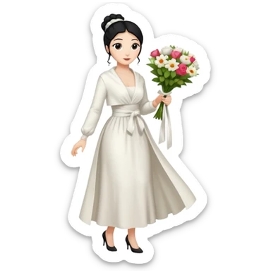 Chica blanca,cuerpo entero, vestido fiesta blanco ,manga larga ,con estola, pelo negro,    ramo de flores una mano, pelo recogido en moño alto sticker