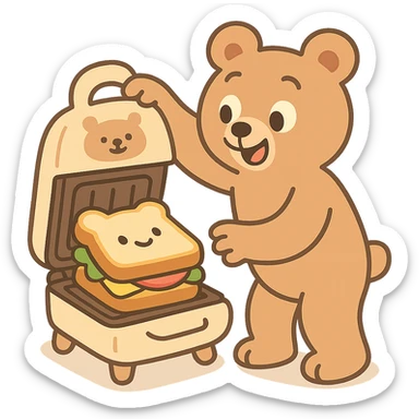 soft fluffy bear sandwich maker opening with a cute sandwich inside, soft pastel creamy brown, full-body sticker