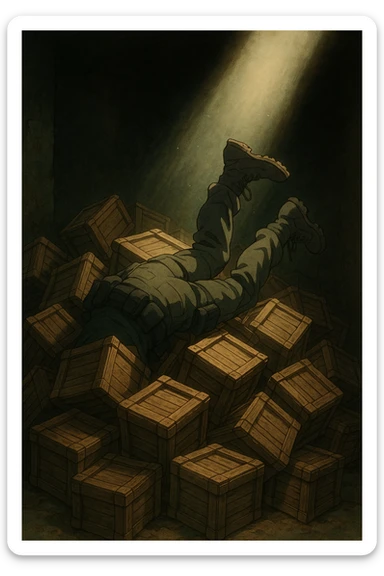 A pile of small oblong crates hidden in a dark area with a beam of light shining from above, with someone’s boots sticking out like they dove in, tactical gear clothing  sticker