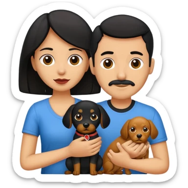 Pareja hombre y mujer, pelo negro ambos, y con dos perritos pincher en sus brazos sticker