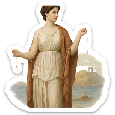 Ariadne, in classical Greek dress, holding a golden thread, with a hint of the sea and Naxos island in the background sticker