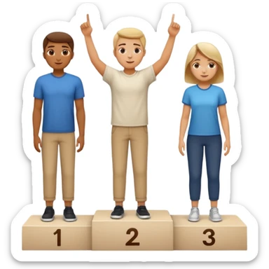 show people on podium in first, second and third place. The podium should be labeled 2, 1, 3. The middle position should only have the number 1.  the people should be dressed causally in regular relaxed clothes

 sticker