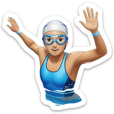 An icon showing a swimmer in mid-stroke, cutting through blue water with splashes around. The swimmer wears goggles and a swim cap, moving with power and grace. Transparent background emphasizes the athleticism, rhythm, and energy of swimming as a competitive and personal sport. sticker
