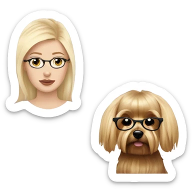 White girl, blonde hair, eyes closed, wearing glasses kisses Yorkshire terrier  sticker