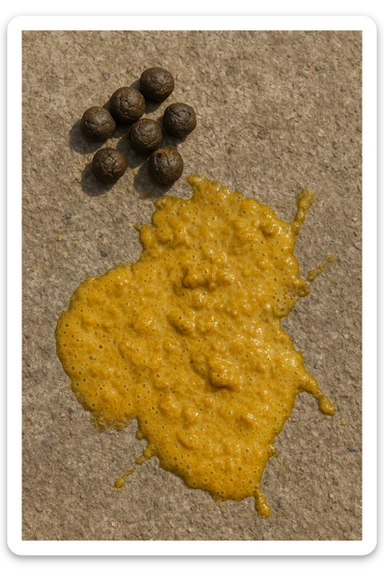 feci di animale a palline viste dall'alto e feci di animale liquide e gialline viste dall'alto, iperrealistico 4k sticker