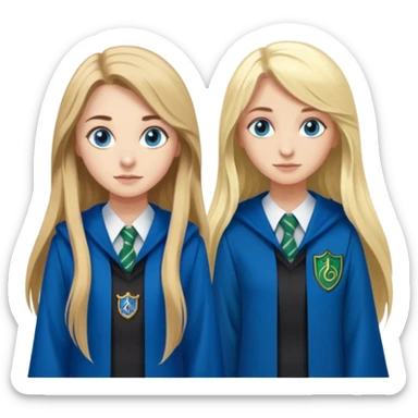 a pretty ravenclaw girl with long brown hair and blue eyes standing with a hot Slytherin girl with long blonde hair, blue eyes sticker