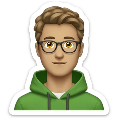 21 year old, white man, swooped brown hair, clear glasses, wide head, green hoodie sticker