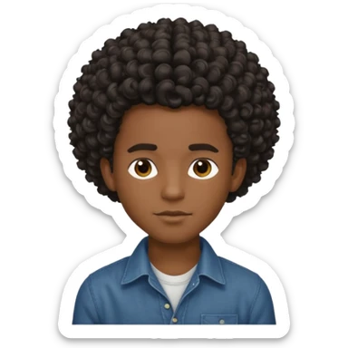 Garoto estiloso, bonito, gentil, de pele negra com cabelo cacheado e grande sticker