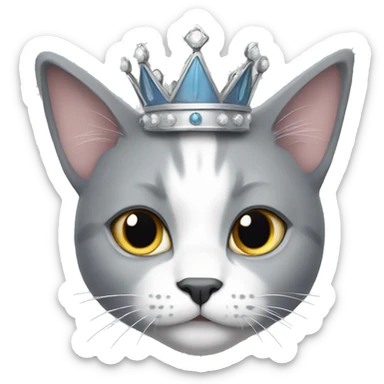 Grey and white cat wearing a crown sticker