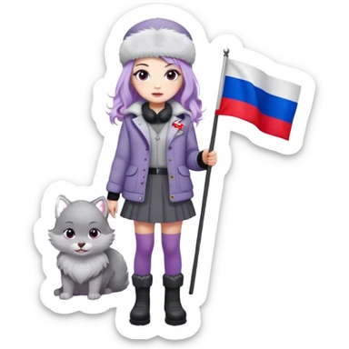 Russian Girl with lavender hair faded black in the bottom + wavy hair
white ushanka +Soviet pin
light grey jacket with light purple fur
grey skirt
dark grey leggings
light grey boots with light purple fur
grey eyes
snow white color skin
holding a Russian flag
is in Moscow Russia sticker