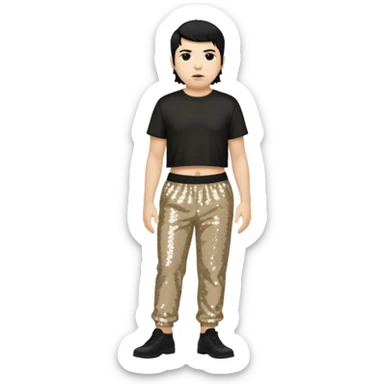 Chino Moreno with black hair, black sequin crop top, beige sequin baggy pants sticker