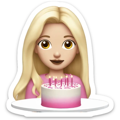 White girl with blonde straight hair, pink lips, dark eyes, white and pink birthday cake in hands, 32 on cake sticker