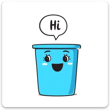 hand-drawn blue bin with a smile, speech bubble with 'hi' sticker