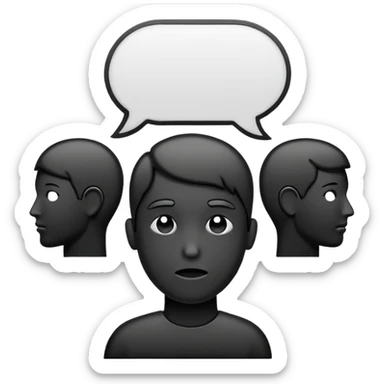 Minimalistic flat vector icon, iOS style, thin black contour on white background. Human head with speech bubble and small group of people silhouettes listening. Clean, no text, no shadows sticker