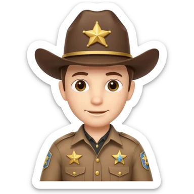cute sheriff cowboy portrait, head and shoulders only, cowboy hat, sheriff badge on chest, confident smile, western uniform collar, 3D cartoon, mobile game icon style, clean background, no text, no watermark
 sticker