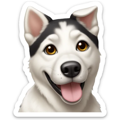 white husky-lab mix dog with black and tan and brown around his eyes and black/tan ears smiling with tongue out sticker