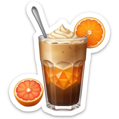 Emoji-style illustration of a grapefruit coffee in a faceted glass with iced dark coffee, light crema on top, orange peel garnish on the rim, and a small metal spoon. Cute modern iOS emoji look, smooth vector shapes, soft 3D shading, clean outlines, simple or transparent background, centered. sticker