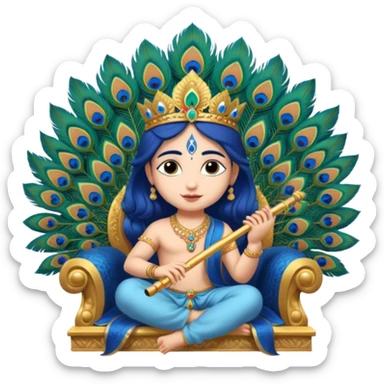 Sri Krishna cute face, wearing a throne and fixed a peacock feather on the throne and play a flute. sticker