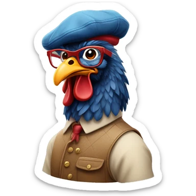 A rooster wearing a beret, glasses, and painting  sticker
