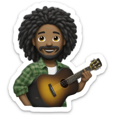 Crie um japonês de cabelo rastafari com uma camisa listrada branca e preta com uma guitarra  sticker