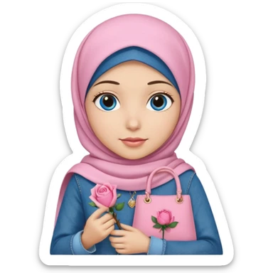 Turkish beautiful finish Konya girl blue eyes with denim hijab islamic dress and had on her hand pink rose bag sticker