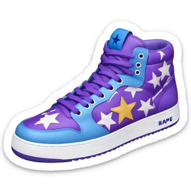 Bape sneaker with star pattern, blue and purple colorway, low top athletic shoe with ape head logo sticker