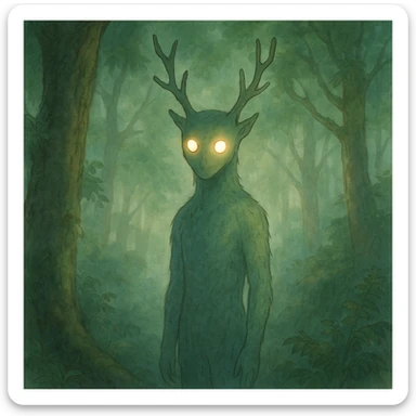 ghibli style forest spirit with glowing eyes, mystical, ethereal, soft lighting sticker