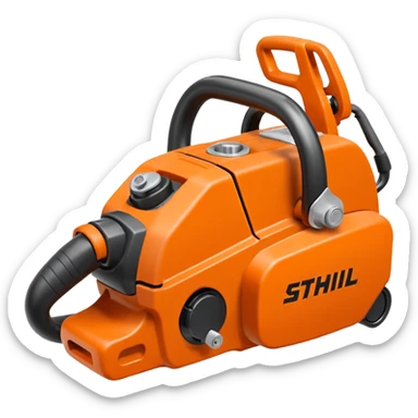 Kettensäge vom STIHL mit grauem Gehäuse, orangenem Deckel und schwarzen Griffen, die Schiene ist Grau, nicht Orange, mit Kette in Grau, seitlich ist das STIHL Logo in weißer Schrift in einem orangenem Kreis platziert sticker